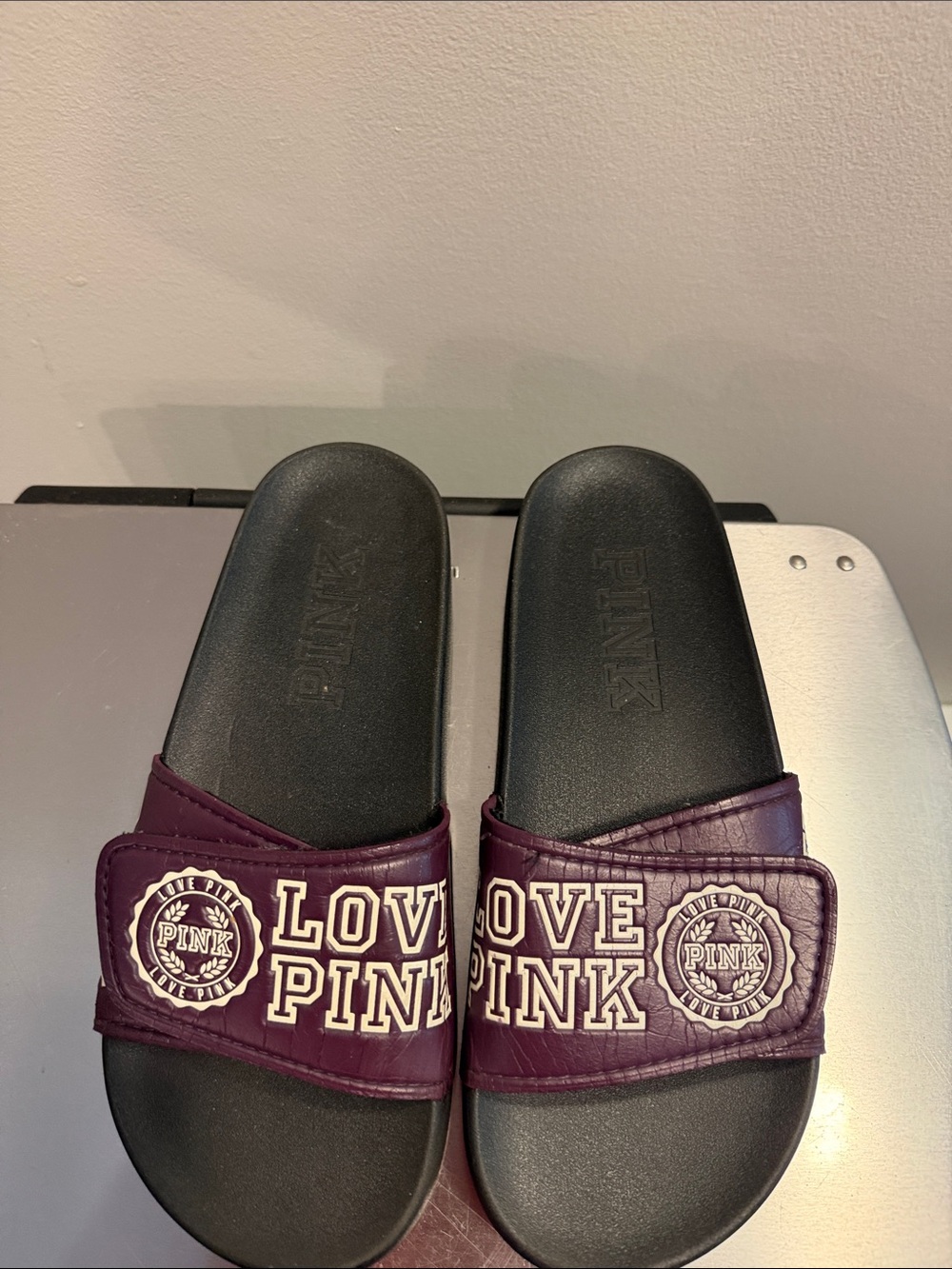 PINK Slide Sandals in Plum and Black - LOVE PINK Strap